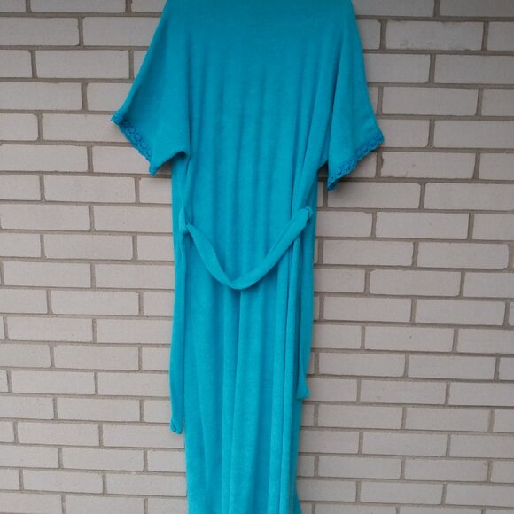 Vintage Housecoat Robe Wrap Front Blue Terrycloth Lace Size Medium Retro 70s 80s - Picture 8 of 8